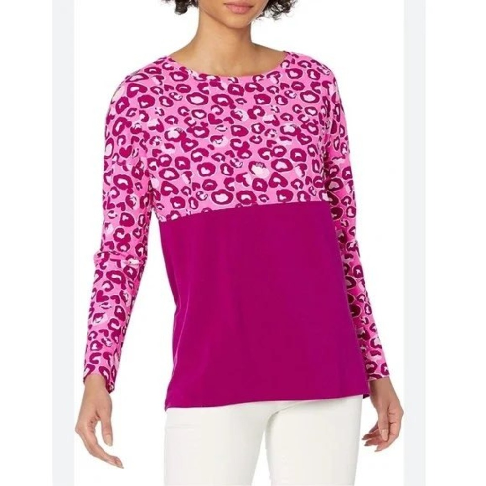 Lilly Pulitzer Women's Finn Top Pink Leopard Print Long Sleeve- Size Medium‎